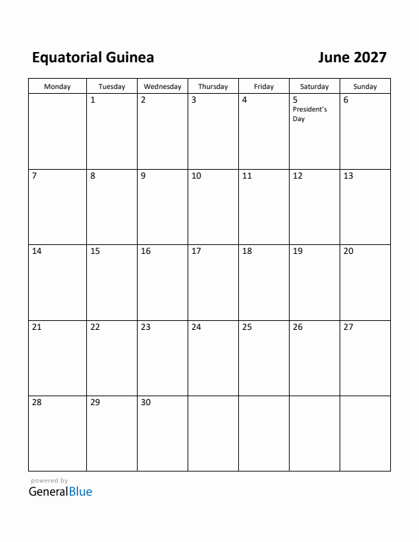 June 2027 Calendar with Equatorial Guinea Holidays