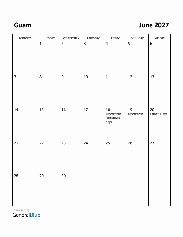 June 2027 Calendar with Guam Holidays