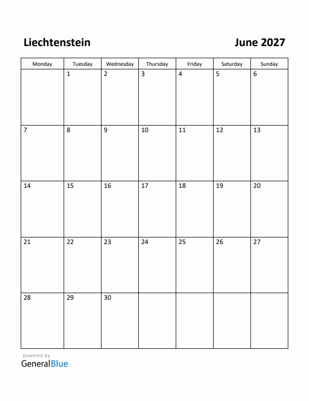 June 2027 Calendar with Liechtenstein Holidays