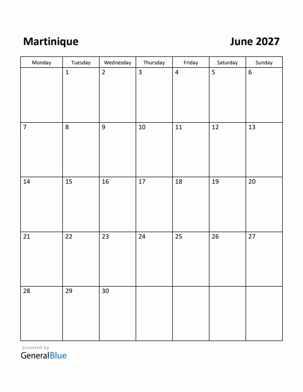 June 2027 Calendar with Martinique Holidays