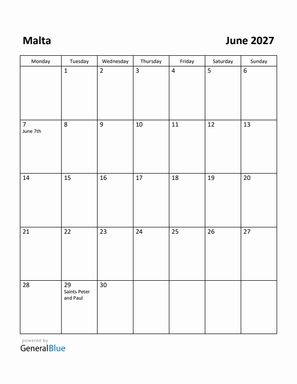 June 2027 Calendar with Malta Holidays
