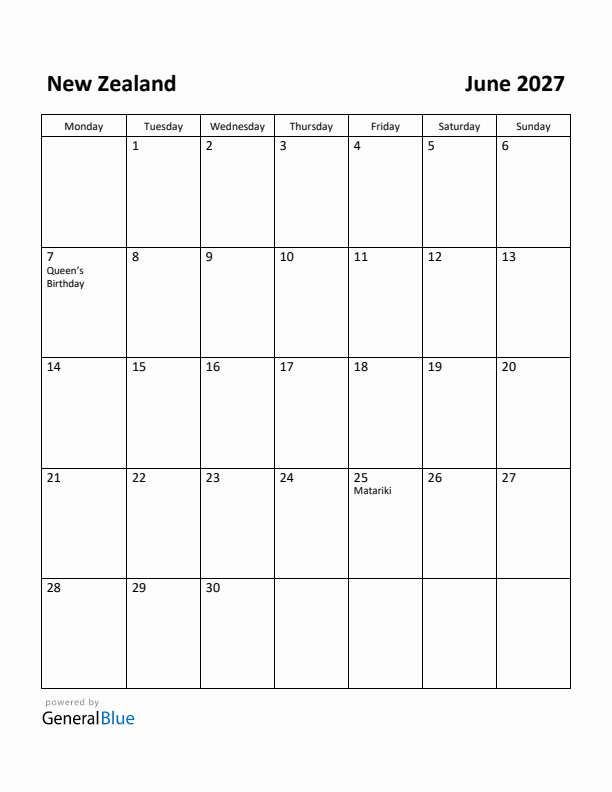 June 2027 Calendar with New Zealand Holidays