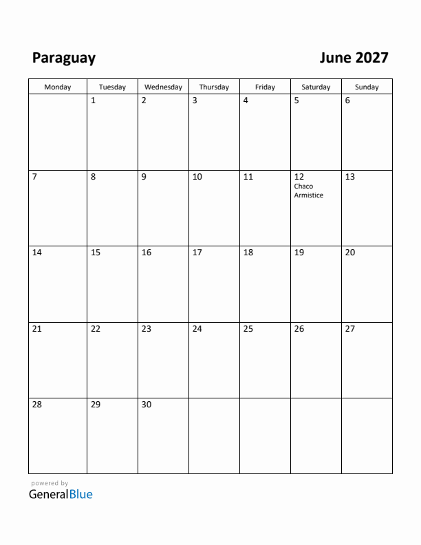 June 2027 Calendar with Paraguay Holidays