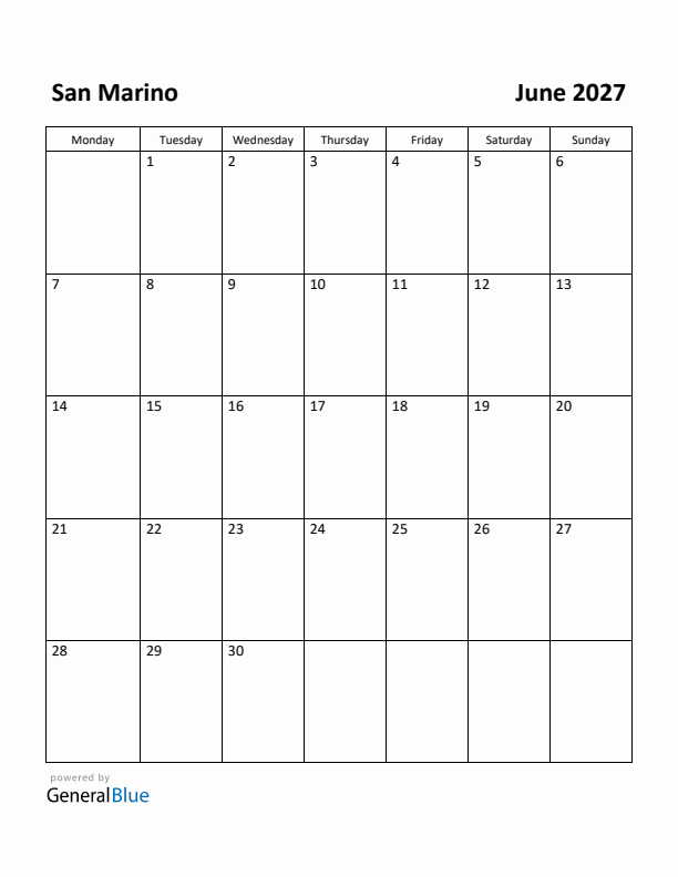 June 2027 Calendar with San Marino Holidays