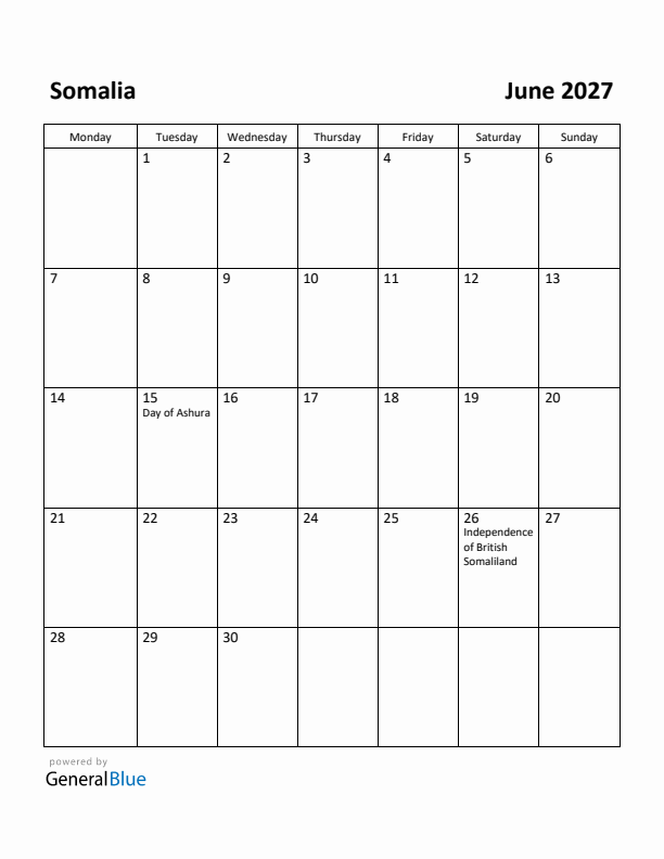 June 2027 Calendar with Somalia Holidays