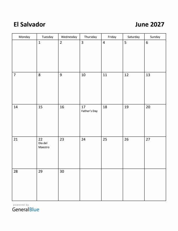 June 2027 Calendar with El Salvador Holidays