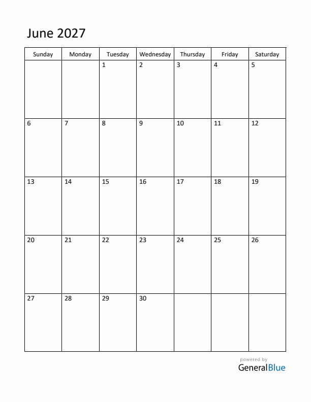 Sunday Start Calendar for June 2027