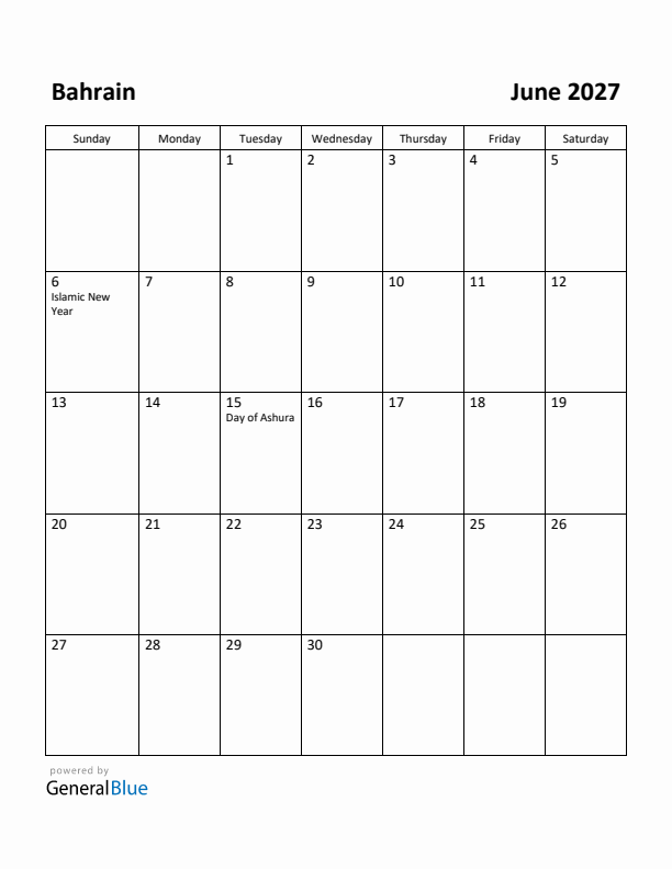 June 2027 Calendar with Bahrain Holidays