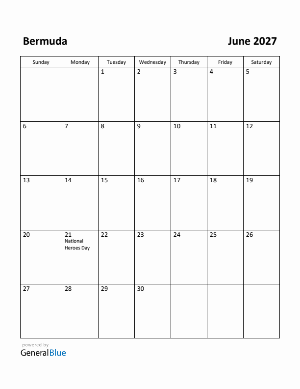 June 2027 Calendar with Bermuda Holidays
