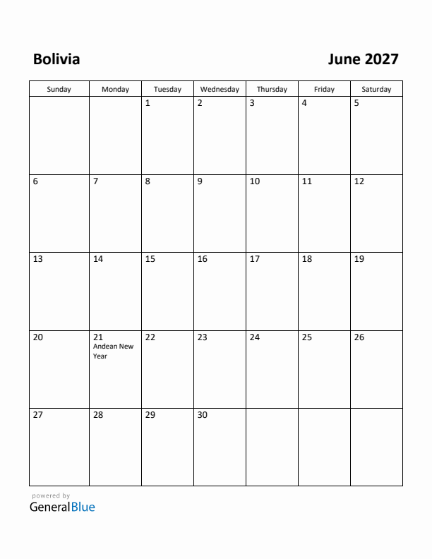 June 2027 Calendar with Bolivia Holidays