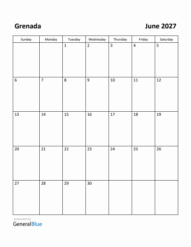June 2027 Calendar with Grenada Holidays