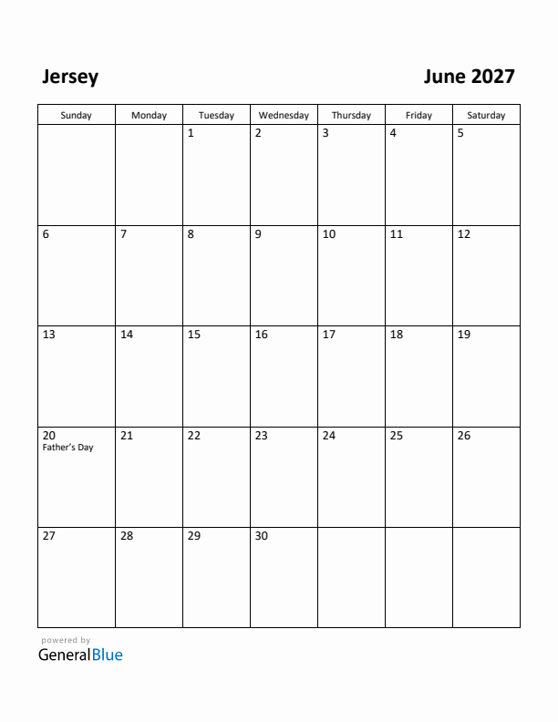 June 2027 Calendar with Jersey Holidays