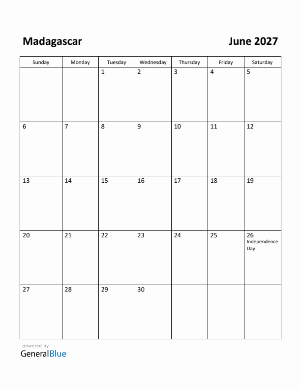 June 2027 Calendar with Madagascar Holidays
