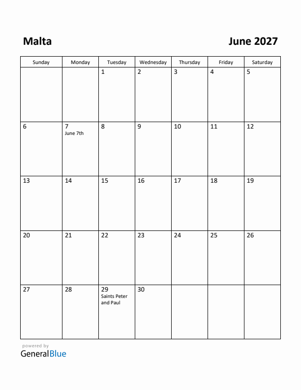 June 2027 Calendar with Malta Holidays