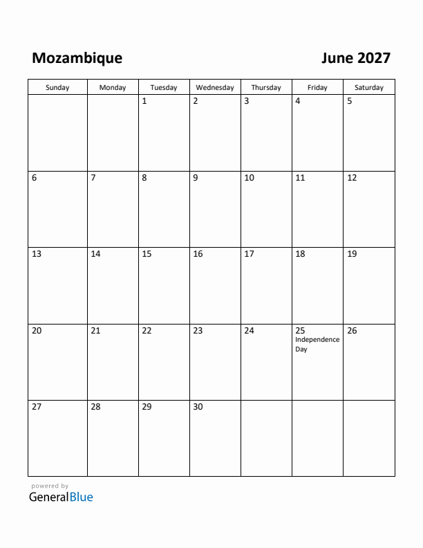 June 2027 Calendar with Mozambique Holidays