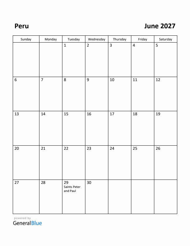 June 2027 Calendar with Peru Holidays