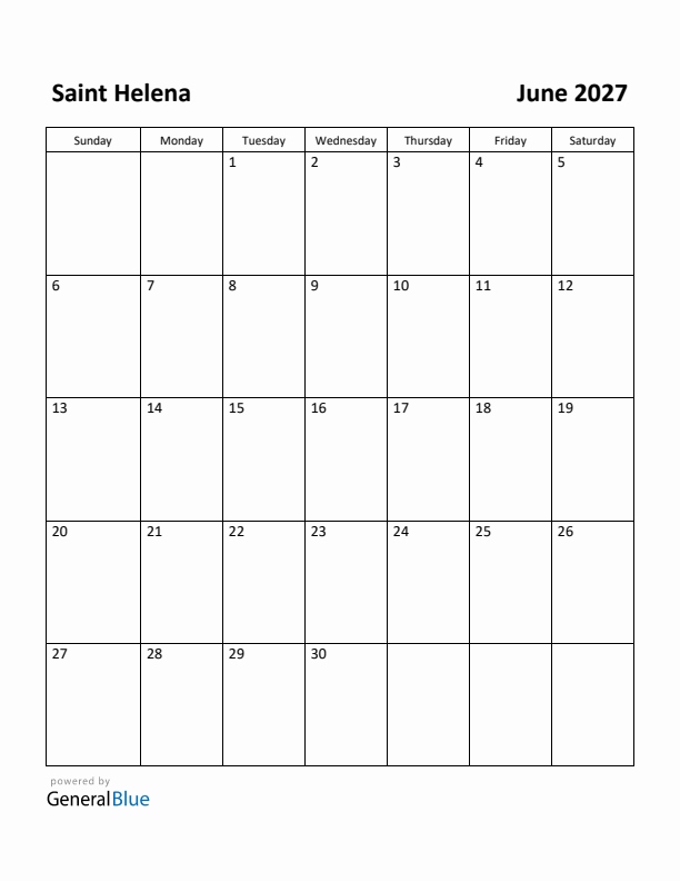 June 2027 Calendar with Saint Helena Holidays