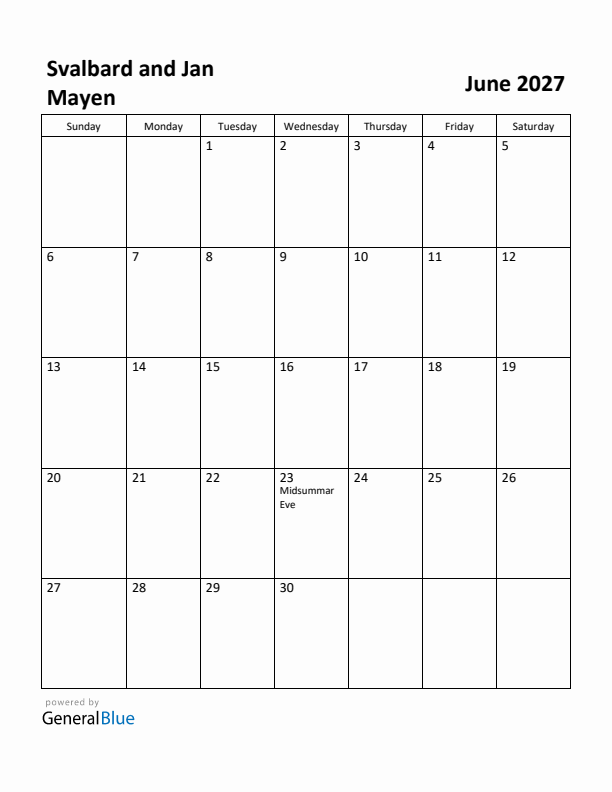 June 2027 Calendar with Svalbard and Jan Mayen Holidays