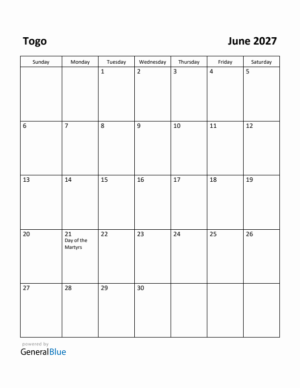 June 2027 Calendar with Togo Holidays