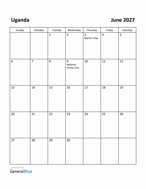 June 2027 Calendar with Uganda Holidays