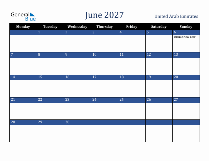 June 2027 United Arab Emirates Calendar (Monday Start)