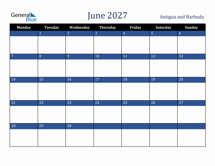 June 2027 Antigua and Barbuda Calendar (Monday Start)