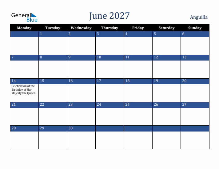 June 2027 Anguilla Calendar (Monday Start)