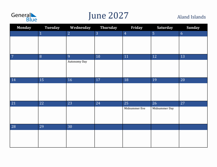 June 2027 Aland Islands Calendar (Monday Start)