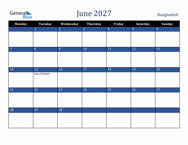 June 2027 Bangladesh Calendar (Monday Start)