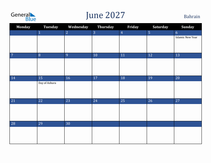 June 2027 Bahrain Calendar (Monday Start)