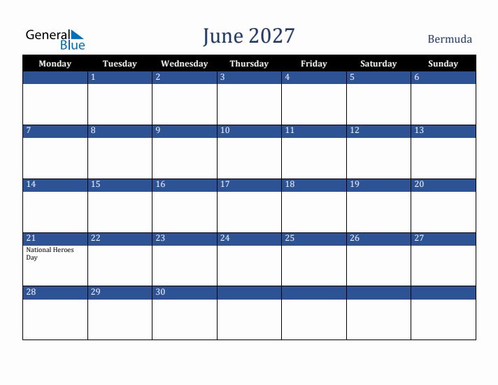 June 2027 Bermuda Calendar (Monday Start)