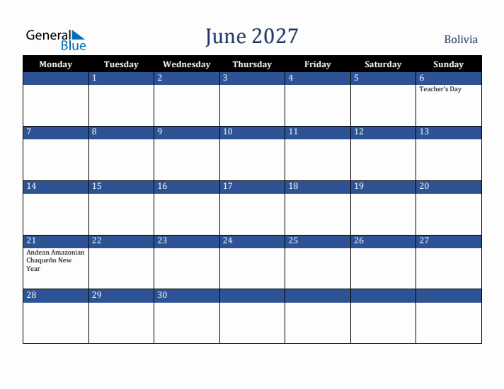 June 2027 Bolivia Calendar (Monday Start)