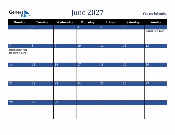June 2027 Cocos Islands Calendar (Monday Start)