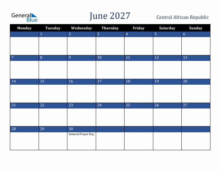 June 2027 Central African Republic Calendar (Monday Start)