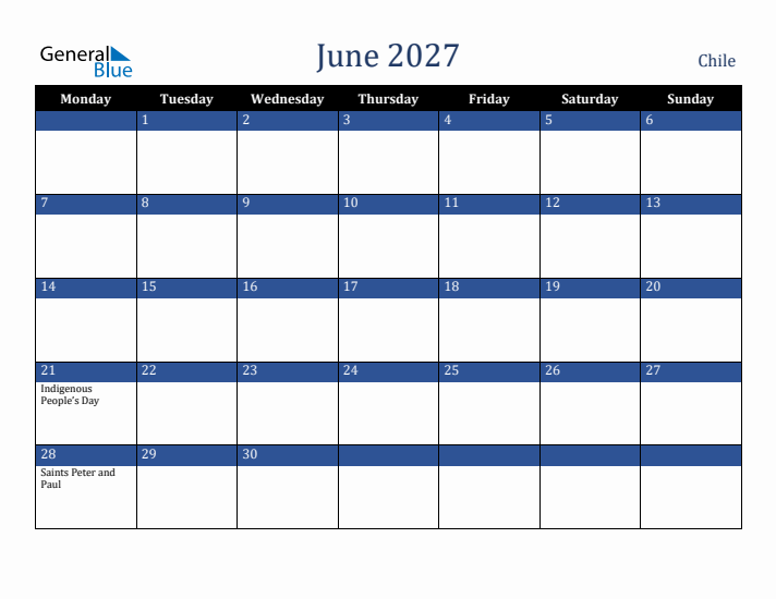 June 2027 Chile Calendar (Monday Start)