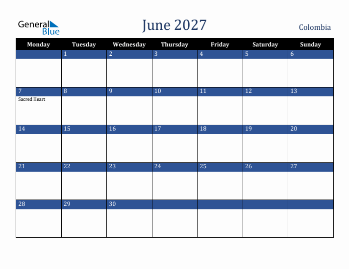 June 2027 Colombia Calendar (Monday Start)