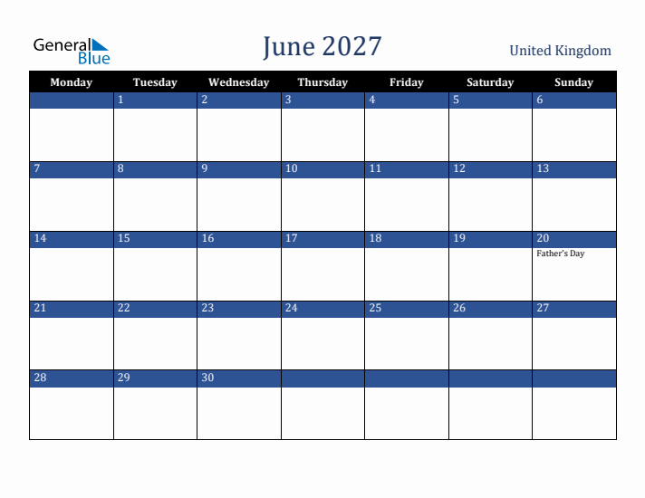 June 2027 United Kingdom Calendar (Monday Start)