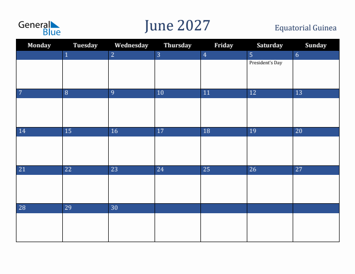 June 2027 Equatorial Guinea Calendar (Monday Start)