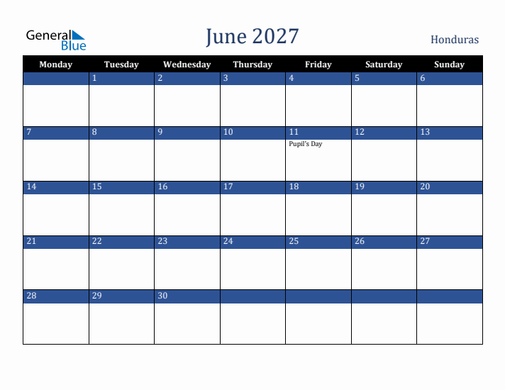 June 2027 Honduras Calendar (Monday Start)