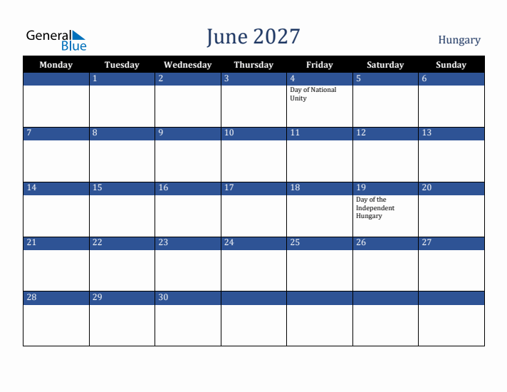 June 2027 Hungary Calendar (Monday Start)