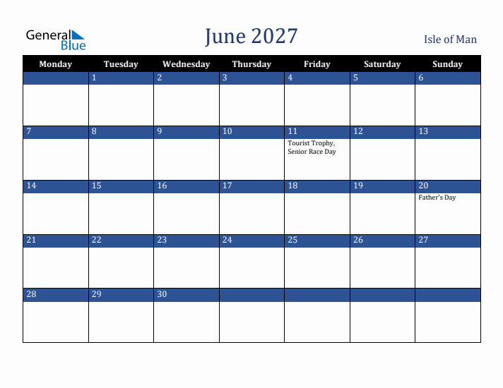June 2027 Isle of Man Calendar (Monday Start)