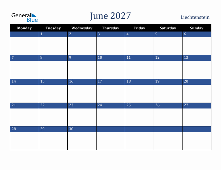 June 2027 Liechtenstein Calendar (Monday Start)