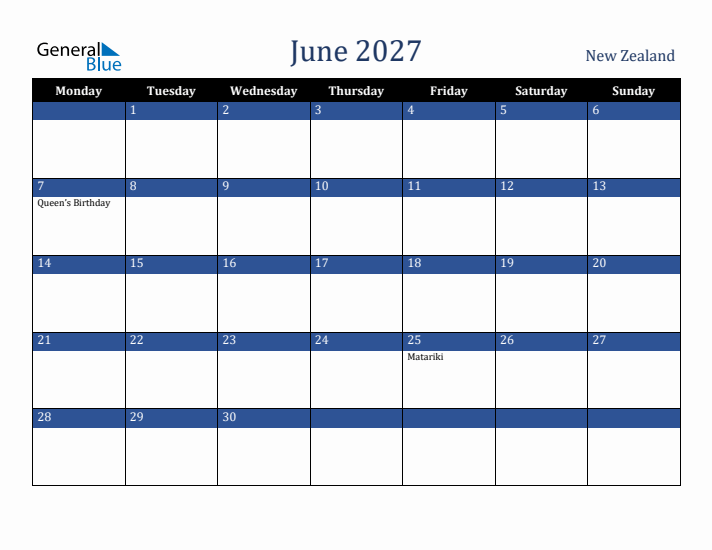 June 2027 New Zealand Calendar (Monday Start)