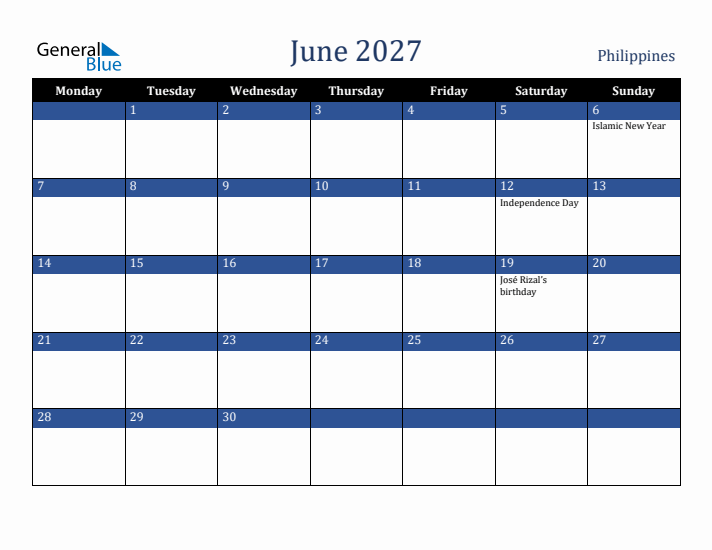 June 2027 Philippines Calendar (Monday Start)