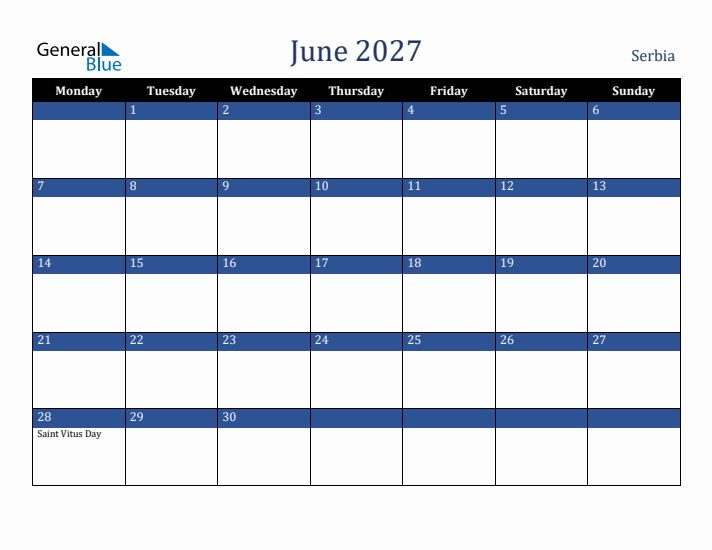 June 2027 Serbia Calendar (Monday Start)