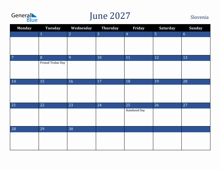 June 2027 Slovenia Calendar (Monday Start)
