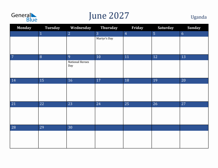 June 2027 Uganda Calendar (Monday Start)