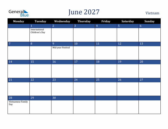 June 2027 Vietnam Calendar (Monday Start)