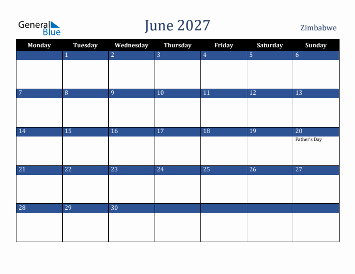 June 2027 Zimbabwe Calendar (Monday Start)