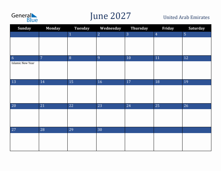 June 2027 United Arab Emirates Calendar (Sunday Start)